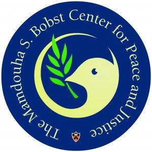 blue circular logo with yellow bird holding olive branch
