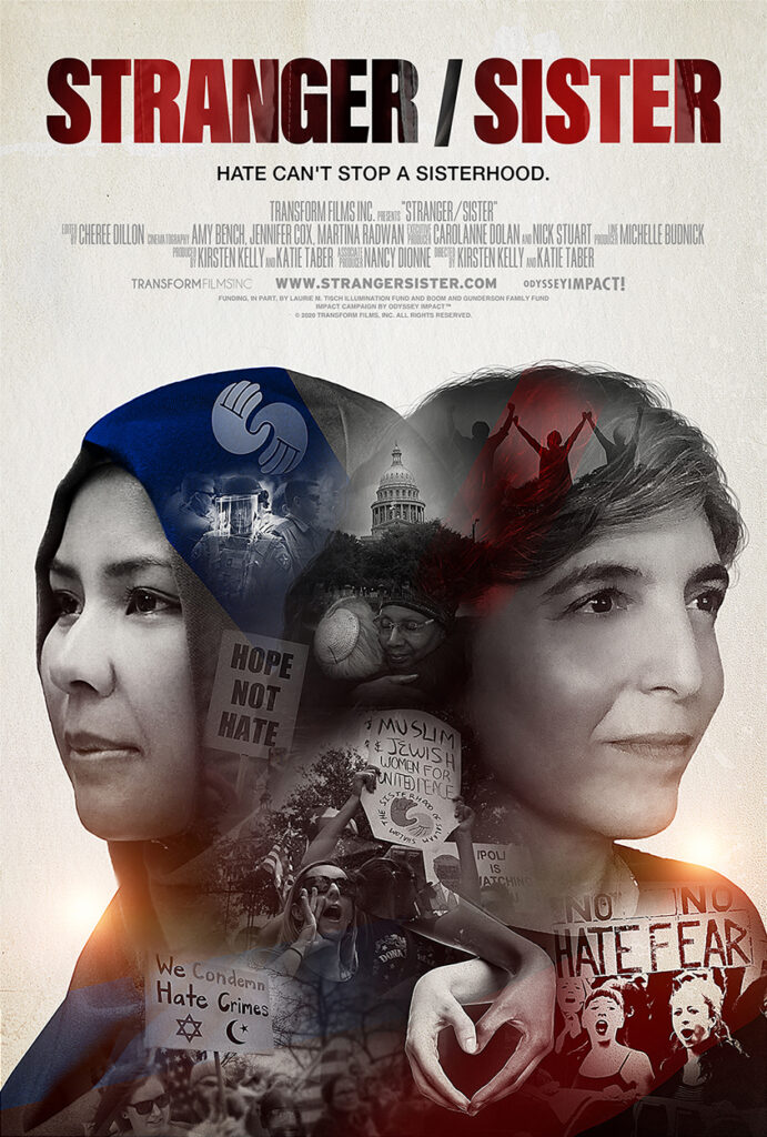Stranger/Sister film title, two women's heads back to back, one in hijab, reflection of women at rallies and holding hands in their silhouette