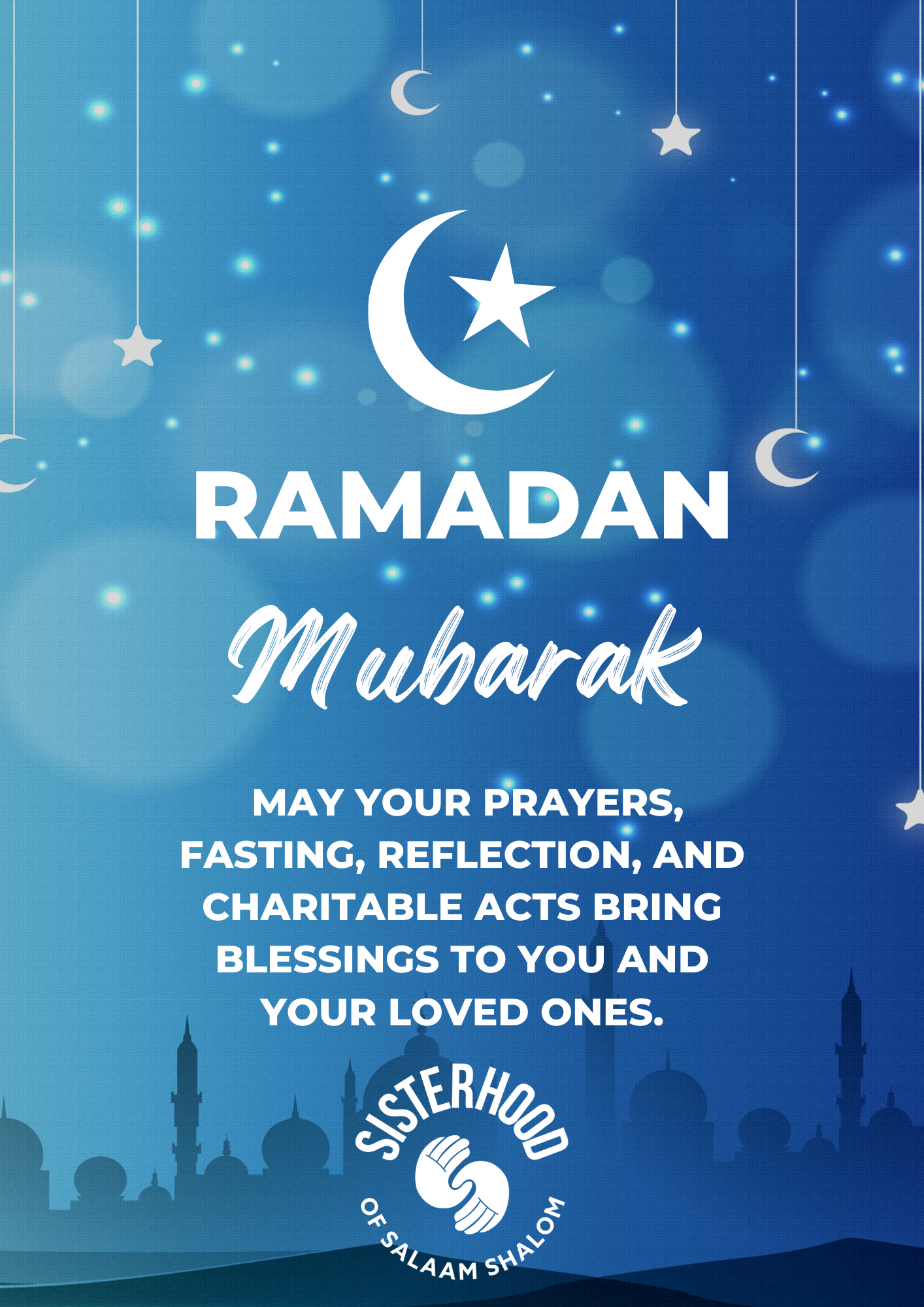 Blue background with outlined cityscape and white crescent moon and star- Ramadan Mubarak