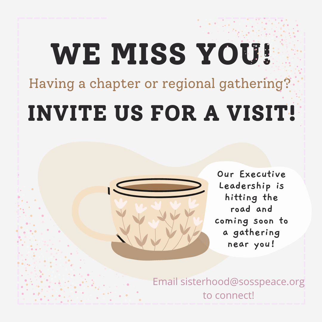 We Miss You. Invite Us for a Visit. tan floral coffee mug on tan heart background